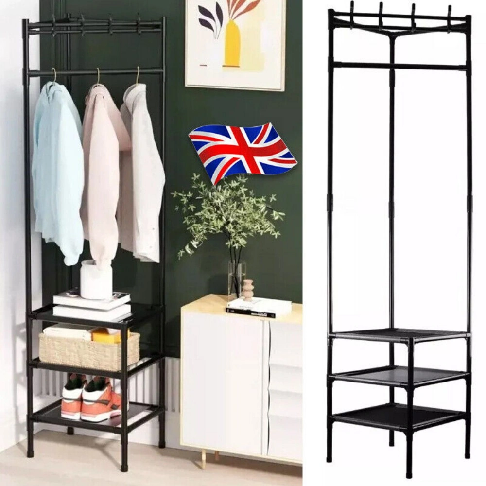 Corner Coat Stand Metal Clothes Hanging Rail Shoe Rack Hanger with 3 Tier Shelf Storage view 4