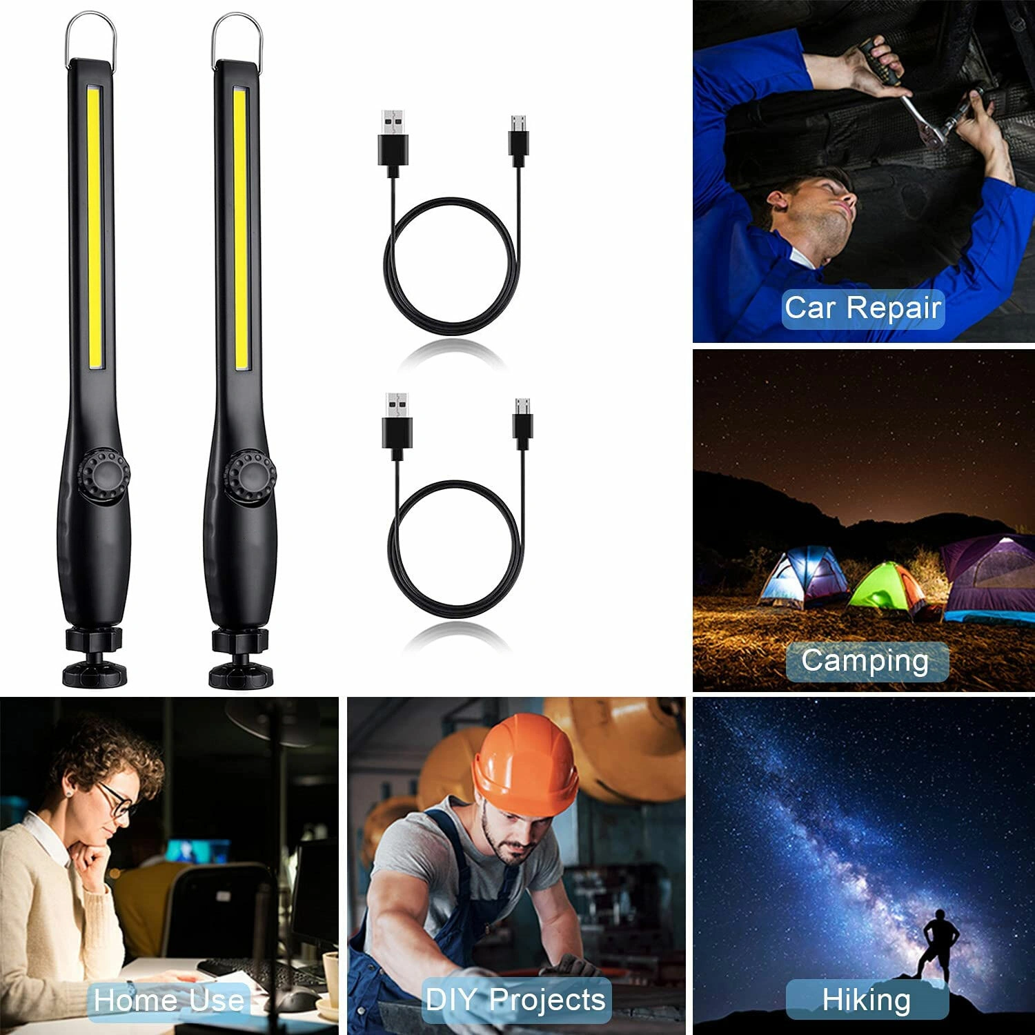2 Pack LED Work Lights USB Rechargeable Magnetic Base Flashlight Waterproof Handheld Tool Light
