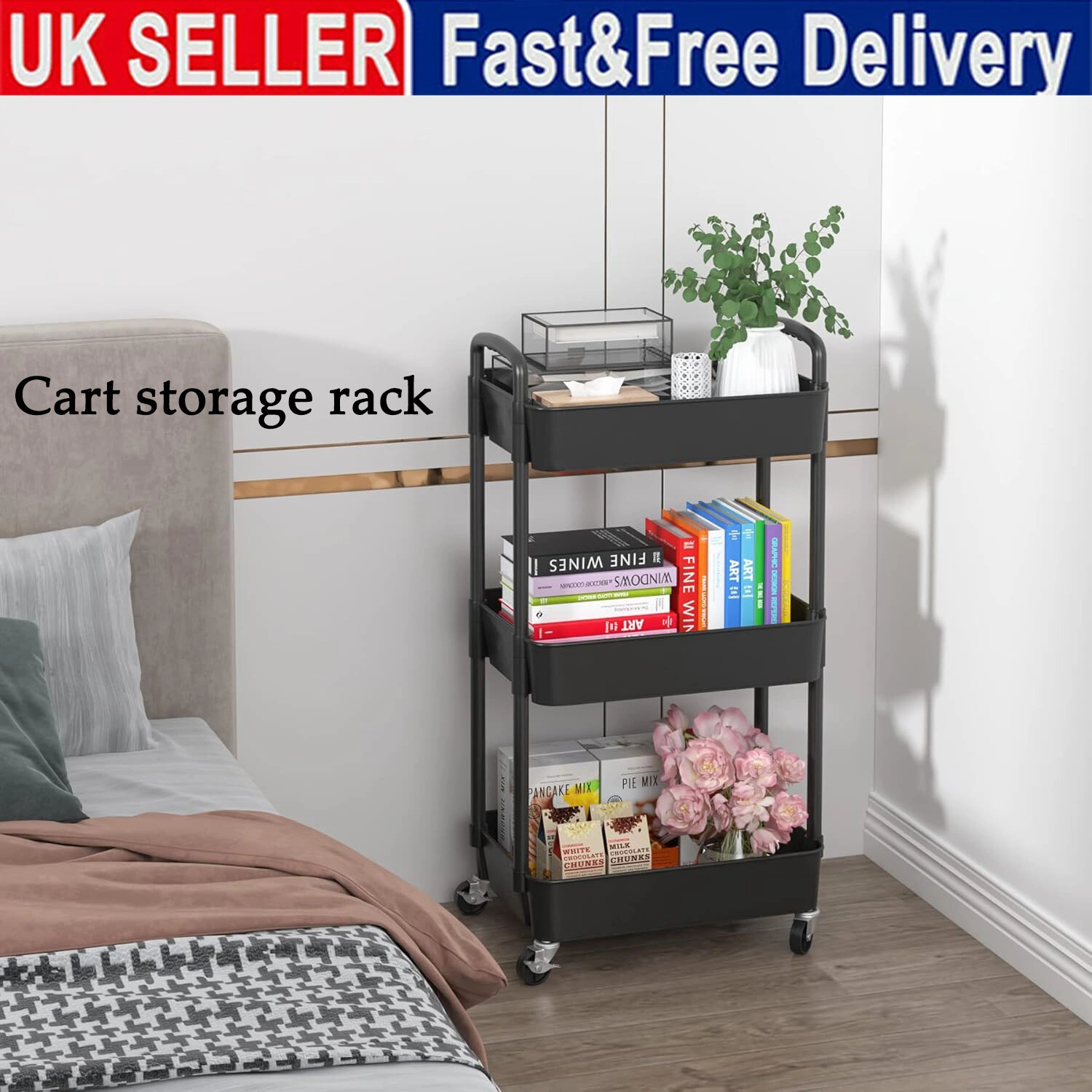 3 Tier Rolling Kitchen Cart Storage Trolley Organizer Rack with Wheels - Black