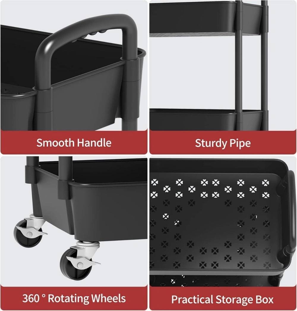 3 Tier Rolling Kitchen Cart Storage Trolley Organizer Rack with Wheels - Black view 3