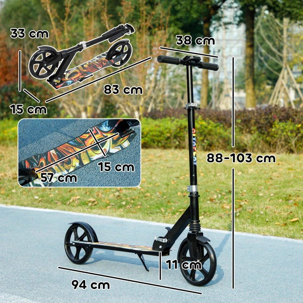 Teen Scooter Foldable Black PP PU Metal Deck Adjustable 88-103cm Rear Brake 20cm Wheels view 2