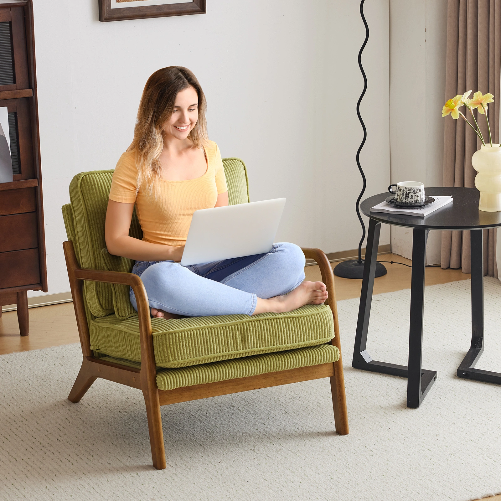 Low Arm Accent Chair - Olive Green Corduroy Upholstered Indoor Lounge Chair, Compact Single Seater with Sturdy Frame (330LBS Weight Capacity) view 26