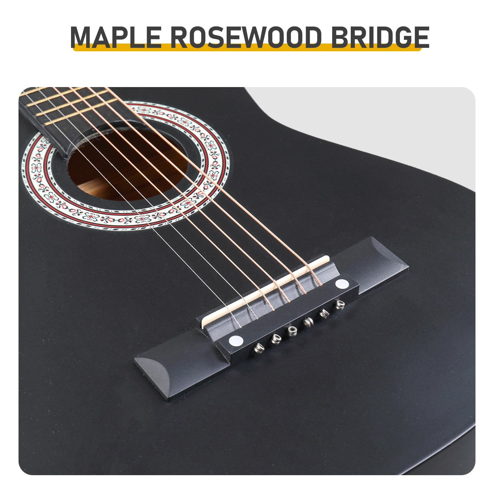 Matte Black 30-inch Round Acoustic Guitar with Picks, Strings, Capo, Case, Tuner, and Strap view 10
