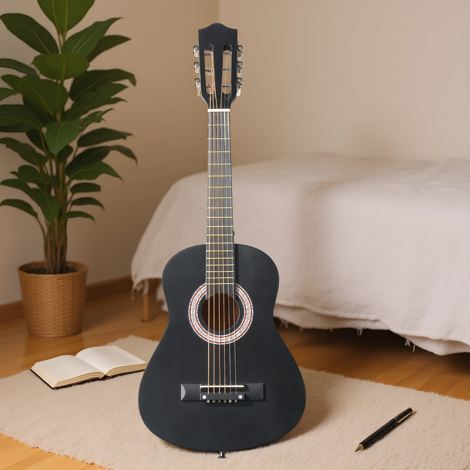 Matte Black 30-inch Round Acoustic Guitar with Picks, Strings, Capo, Case, Tuner, and Strap view 13