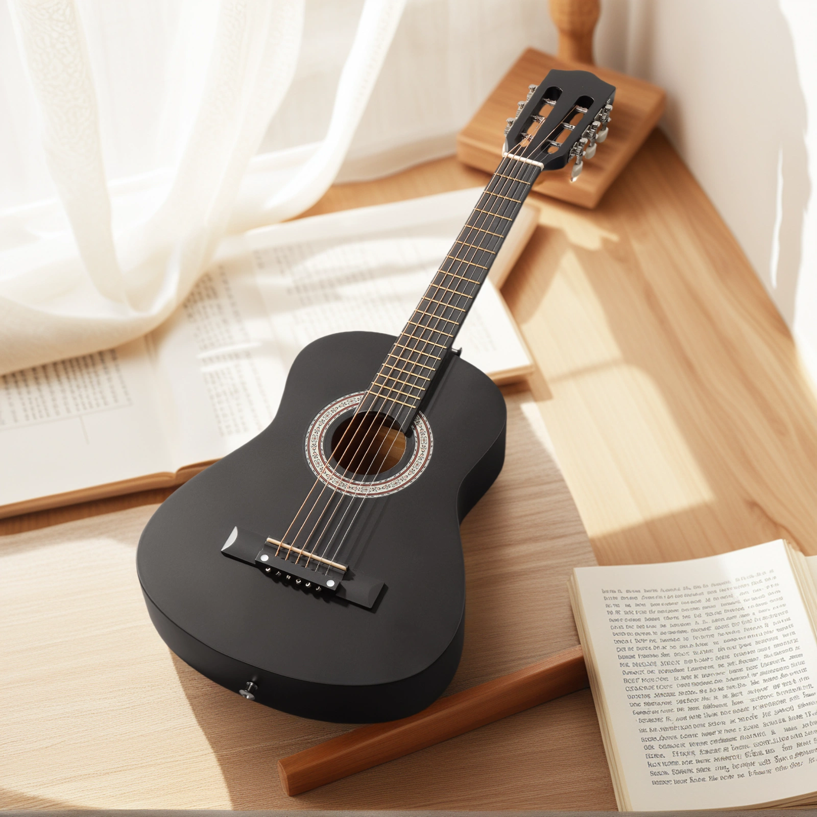 Matte Black 30-inch Round Acoustic Guitar with Picks, Strings, Capo, Case, Tuner, and Strap view 14