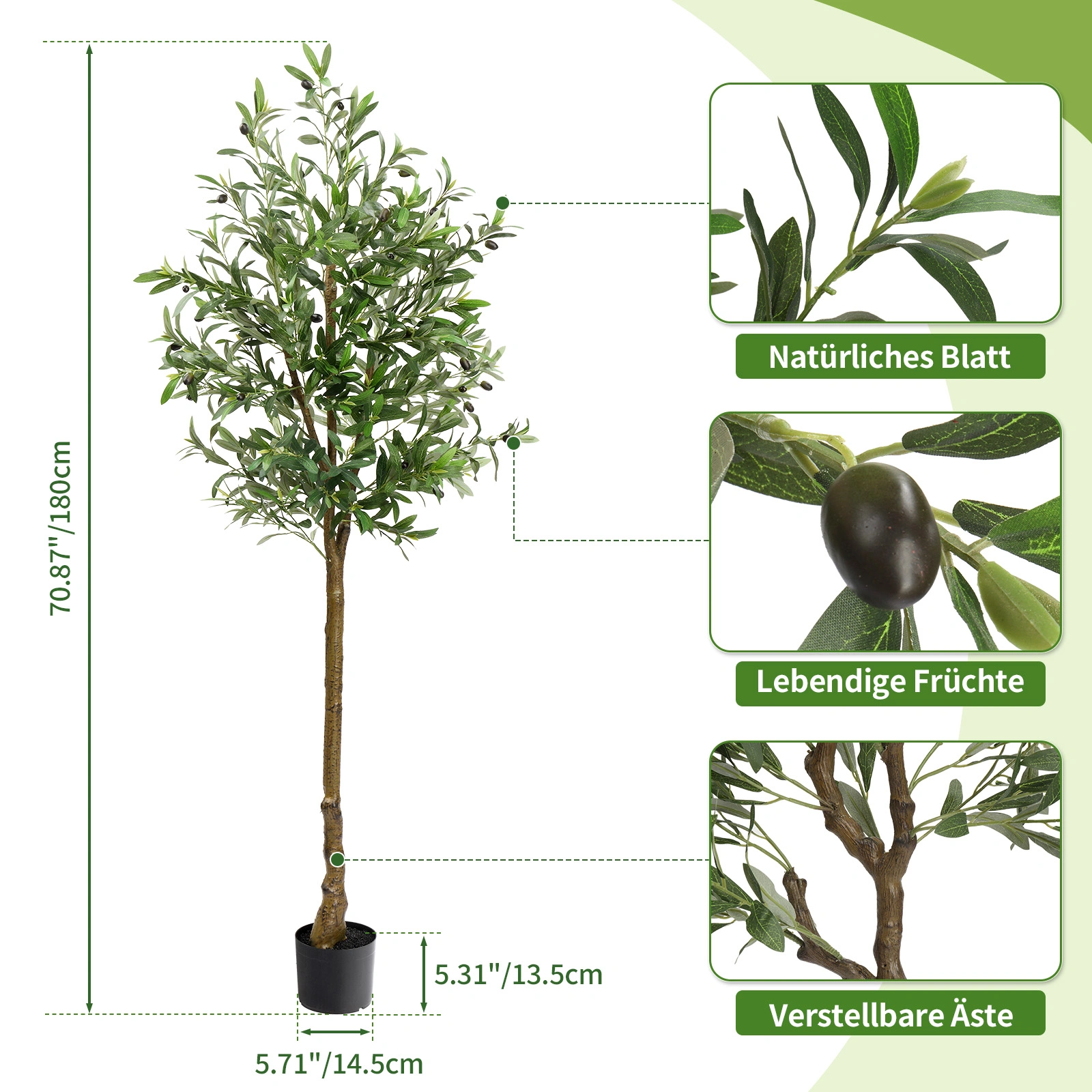 180cm Artificial Olive Tree with Silk Leaves, 950 Leaves & 38 Fruits, PVC Decorative Olive Tree for Home Garden view 3