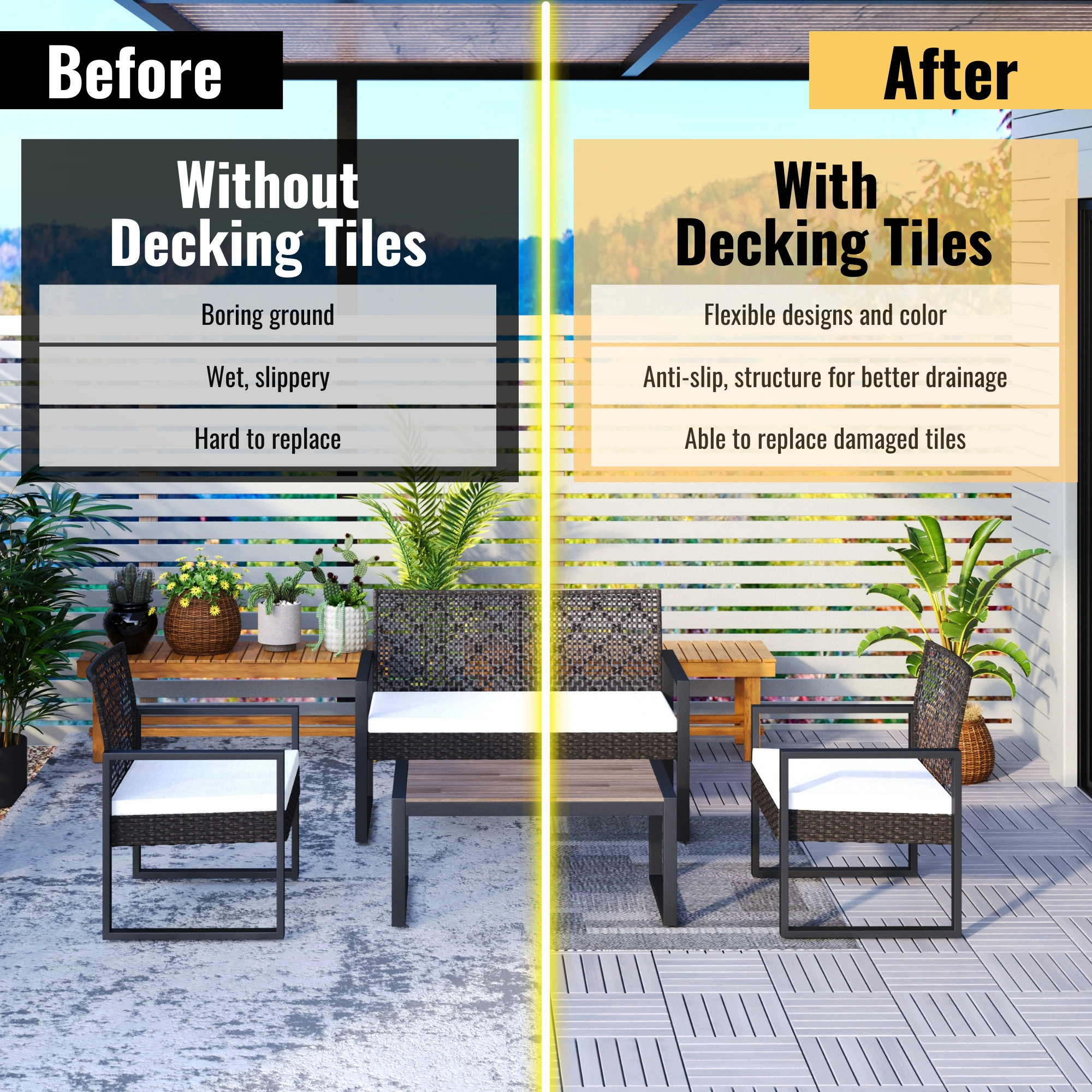 30 PCS Interlocking Deck Tiles 12x12 Inch, Light Gray Acacia Hardwood Outdoor Flooring Striped Pattern for Patio Balcony Poolside view 13