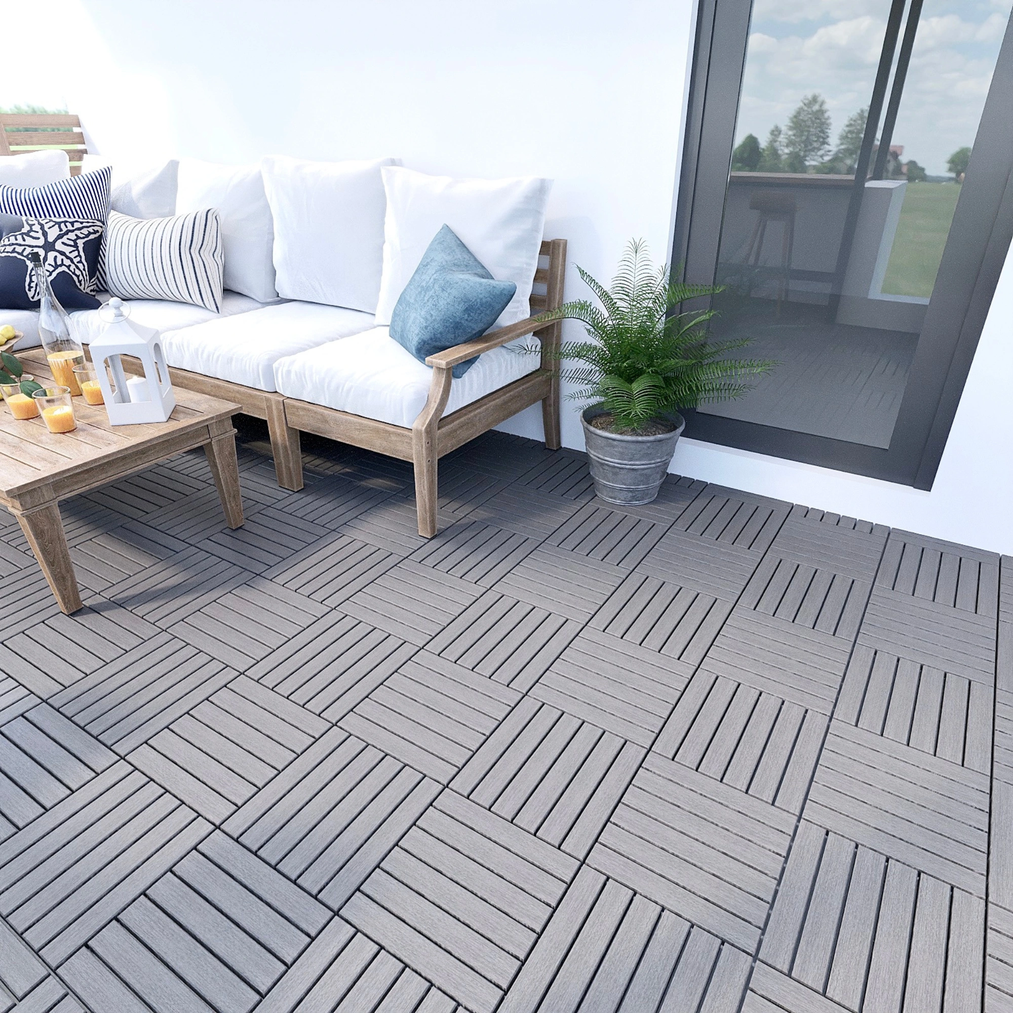 30 PCS Interlocking Deck Tiles 12x12 Inch, Light Gray Acacia Hardwood Outdoor Flooring Striped Pattern for Patio Balcony Poolside view 17