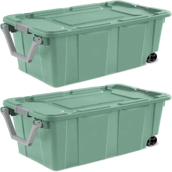 40 Gallon Durable Plastic Storage Tote with Latching Lid and Pull Handle, Green, 2 Pack