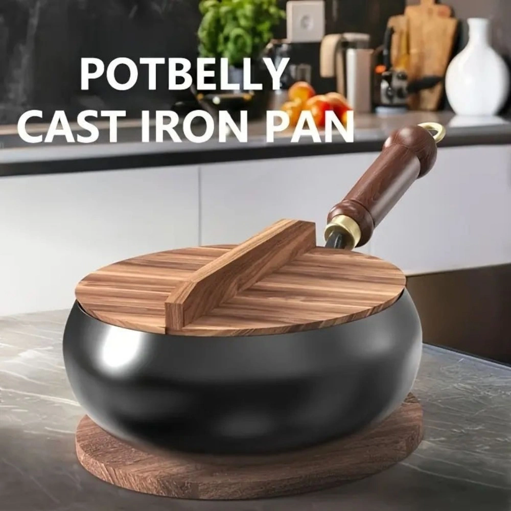 28cm Cast Iron Pot with Wooden Lid Stock Pot Wok Pan Anti-Splatter Cooking Pot
