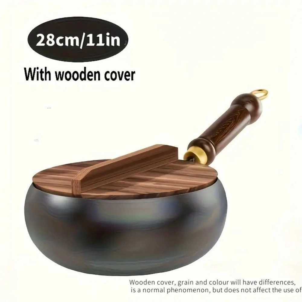 28cm Cast Iron Pot with Wooden Lid Stock Pot Wok Pan Anti-Splatter Cooking Pot view 3