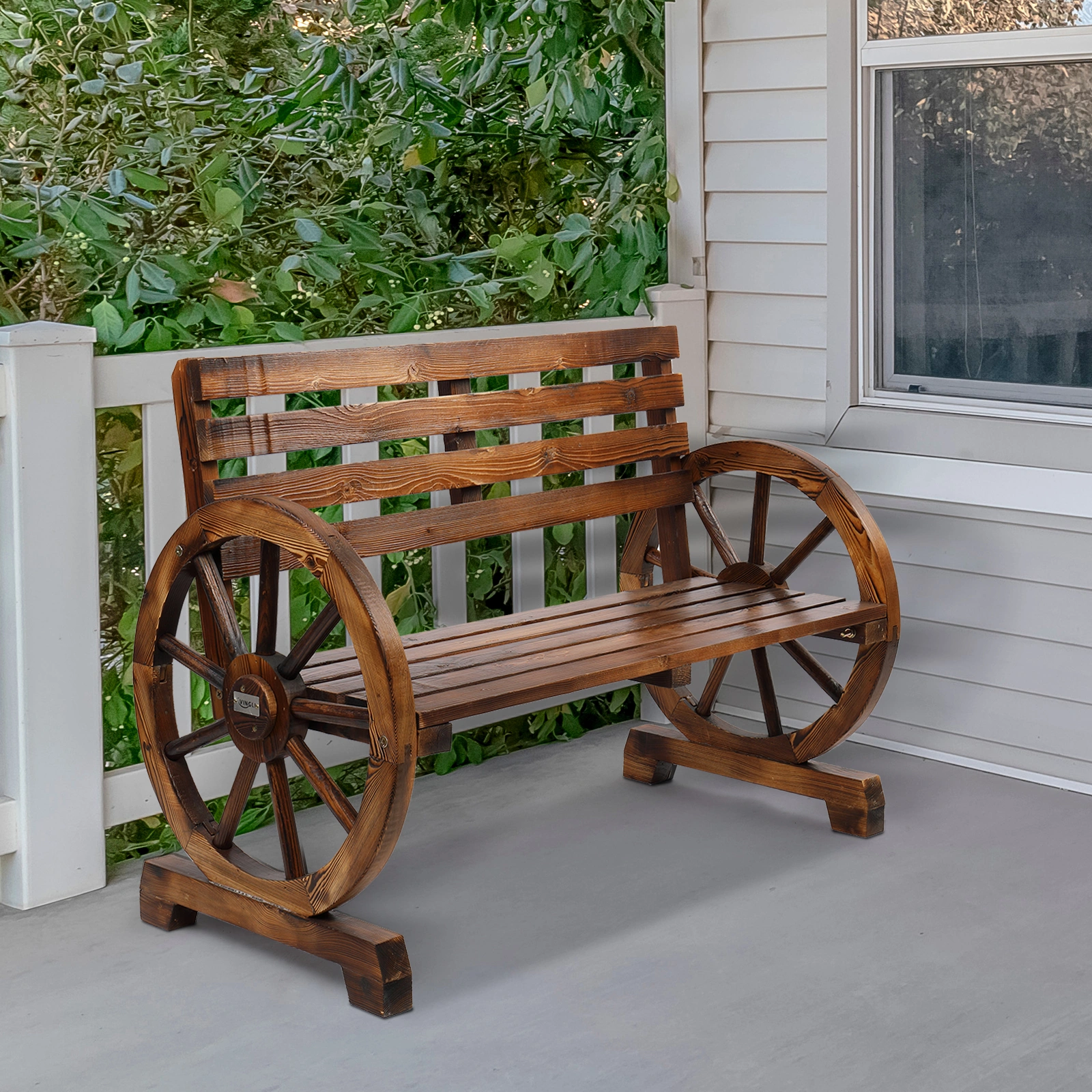 Rustic 2-Person Wooden Wagon Wheel Bench with Slatted Seat and Backrest, Brown