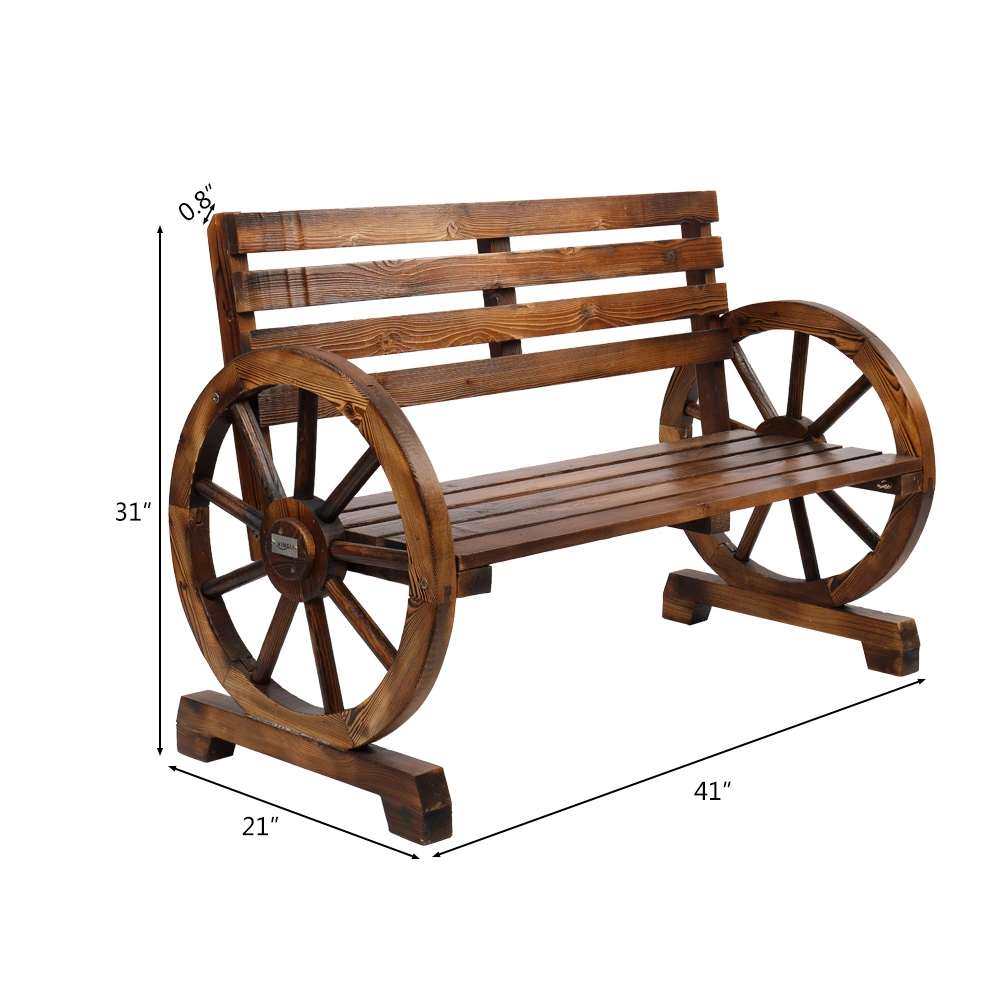 Rustic 2-Person Wooden Wagon Wheel Bench with Slatted Seat and Backrest, Brown view 3