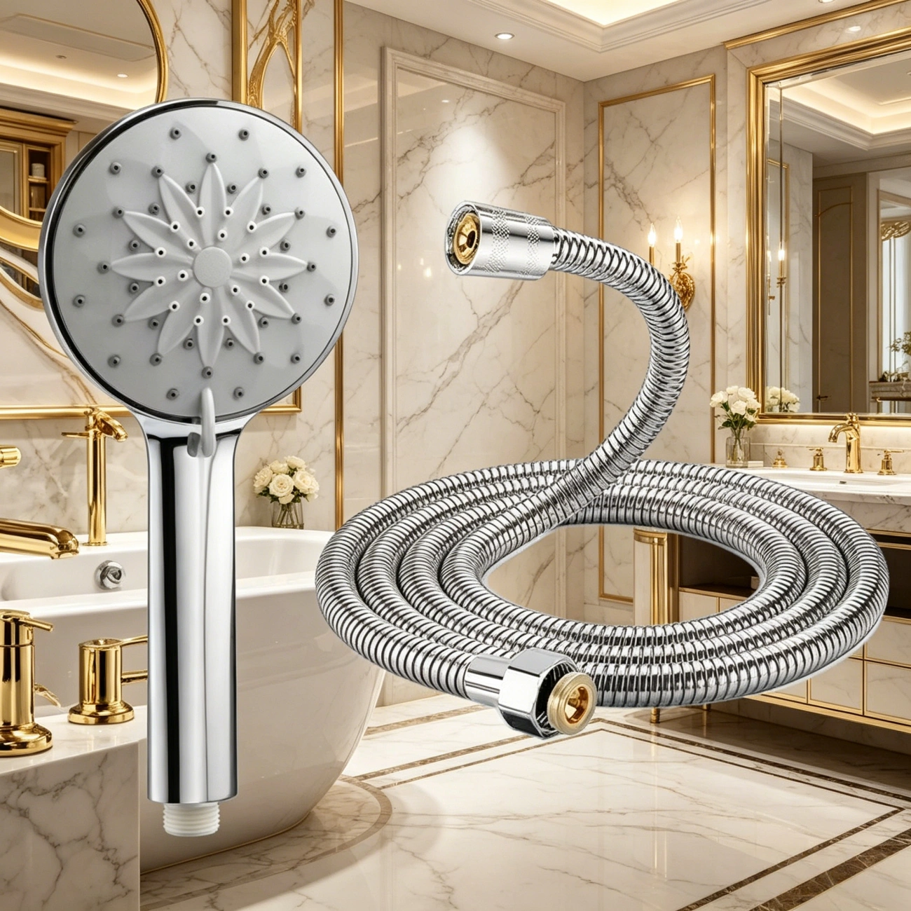 6 Spray Settings High Pressure Shower Head Spray Lotus Spray Head W/ 1.5m Hose Set view 10
