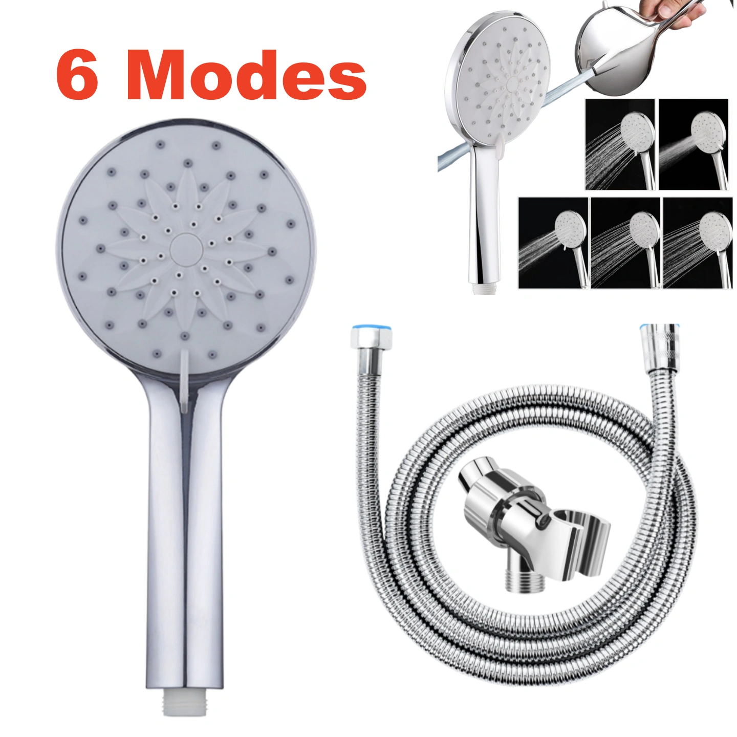 6 Spray Settings High Pressure Shower Head Spray Lotus Spray Head W/ 1.5m Hose Set view 8