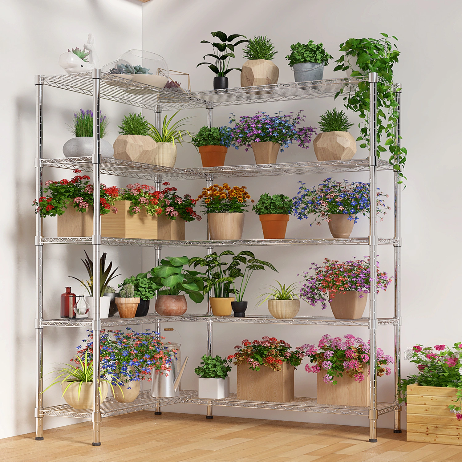 5-layer double row, freely adjustable layer spacing, with adjustable feet, display stand, iron, 147*35*180cm, chrome-plated view 15