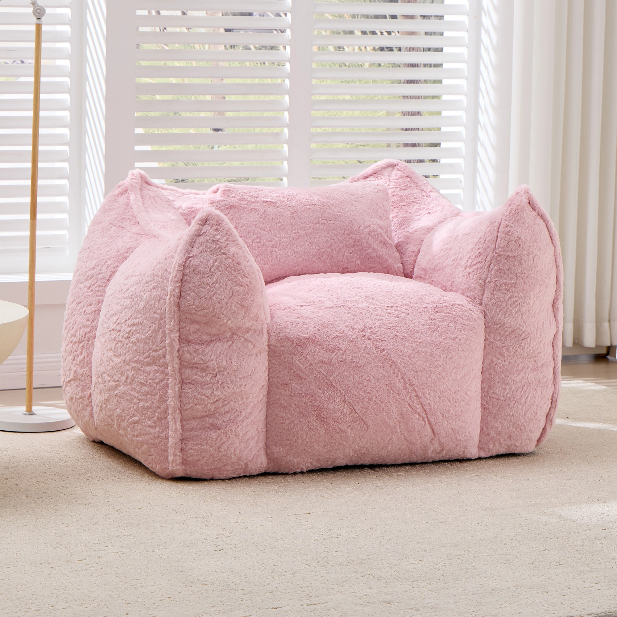 Giant Faux Fur Bean Bag Chair with Pillow, Large Comfy Floor Sofa for Adults & Kids, Pink Couch for Living Room, Bedroom, Apartment