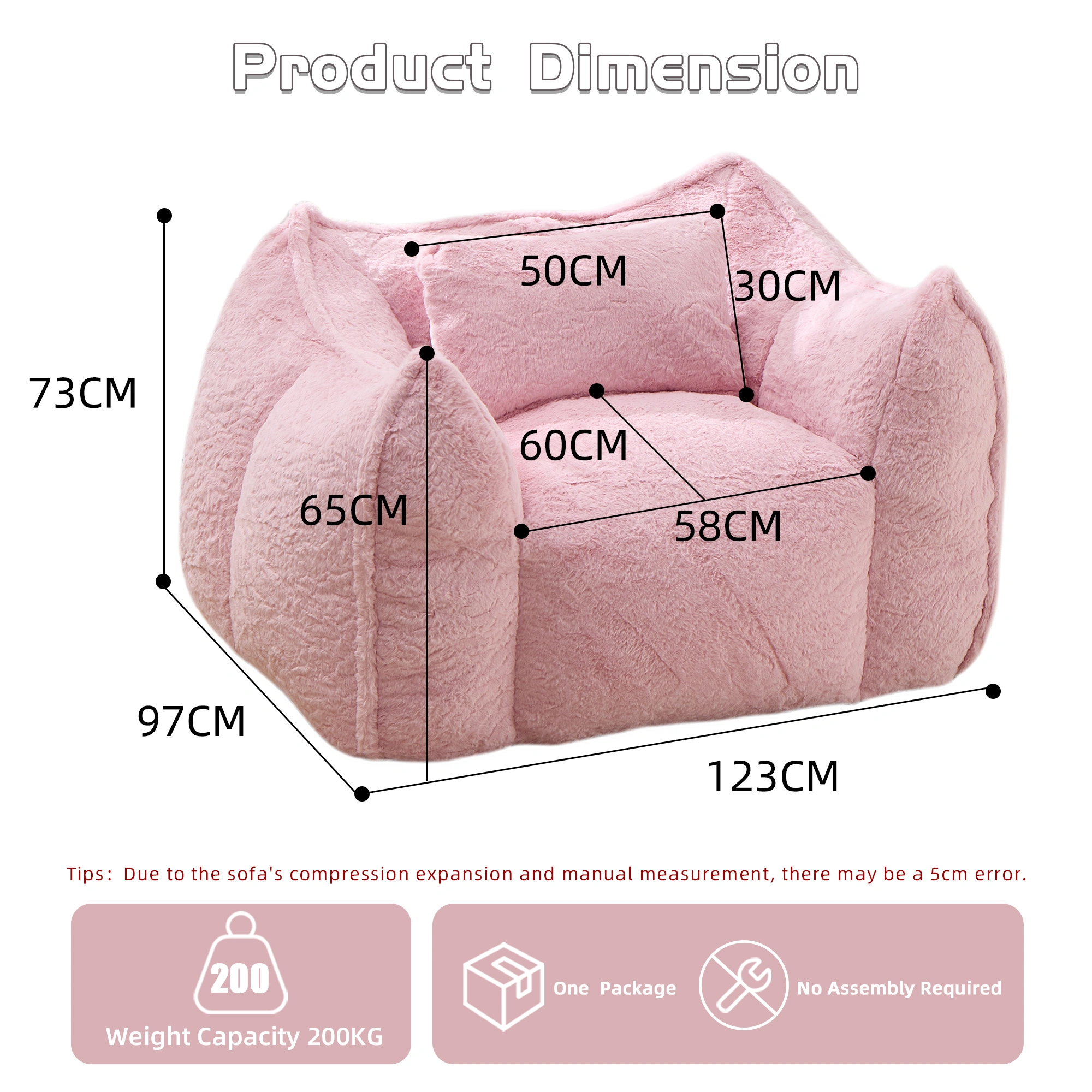 Giant Faux Fur Bean Bag Chair with Pillow, Large Comfy Floor Sofa for Adults & Kids, Pink Couch for Living Room, Bedroom, Apartment view 2