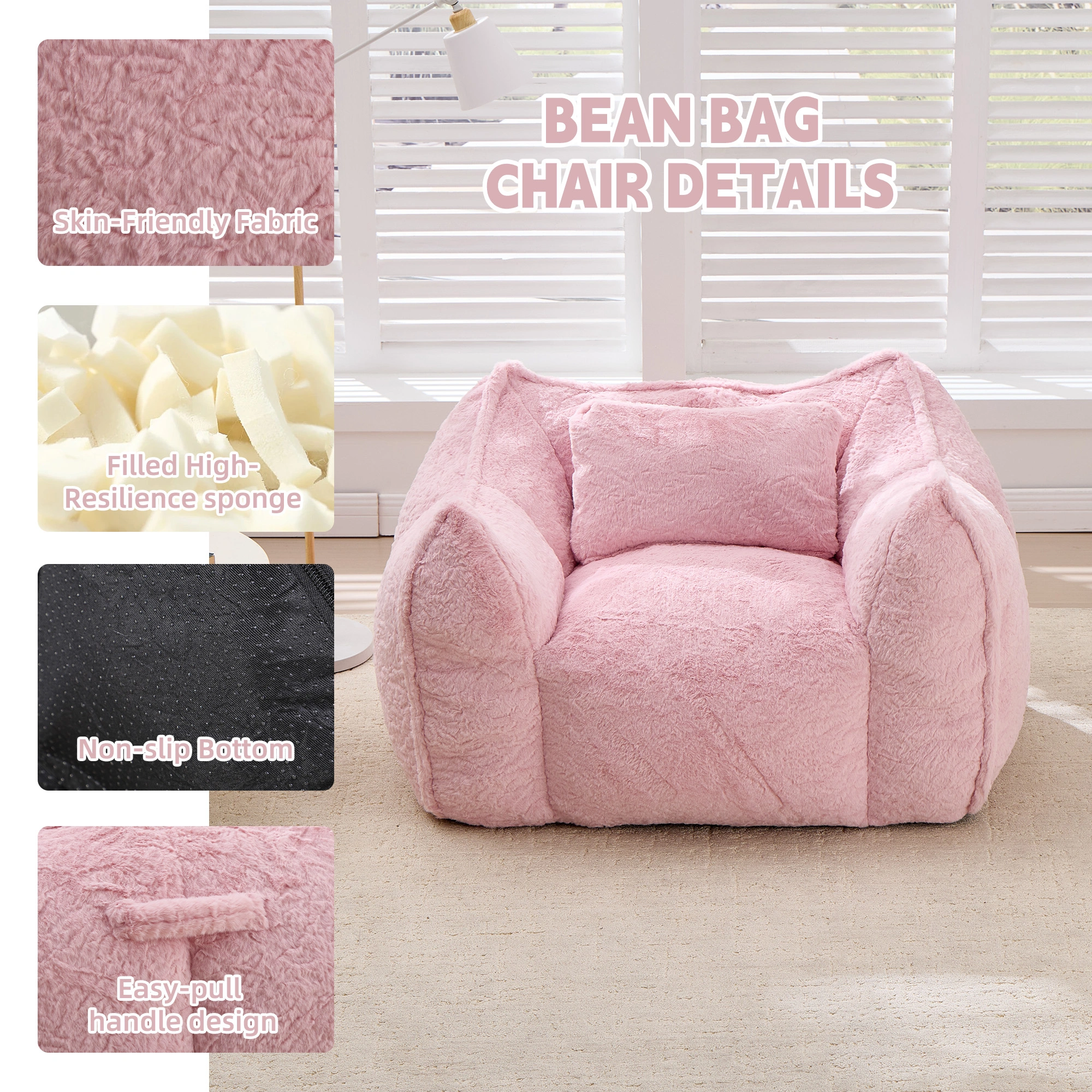 Giant Faux Fur Bean Bag Chair with Pillow, Large Comfy Floor Sofa for Adults & Kids, Pink Couch for Living Room, Bedroom, Apartment view 3