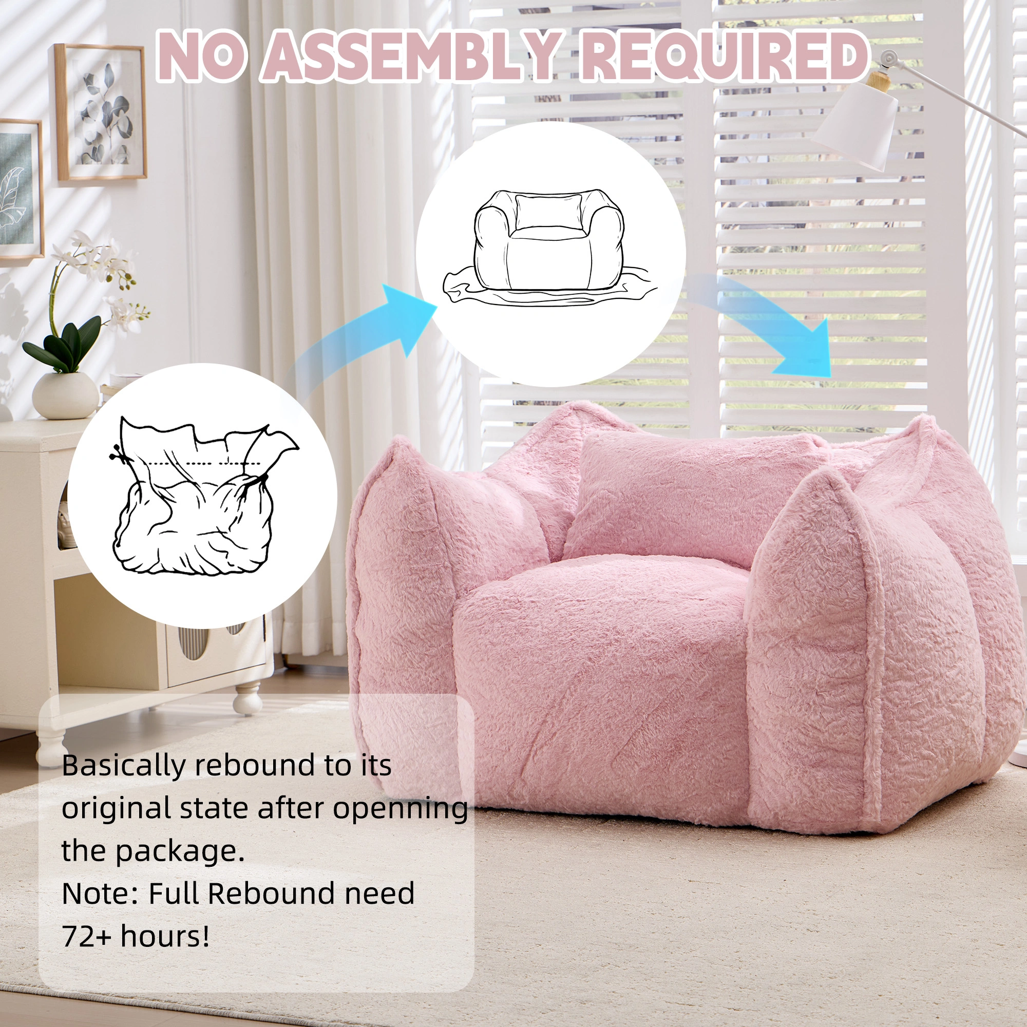 Giant Faux Fur Bean Bag Chair with Pillow, Large Comfy Floor Sofa for Adults & Kids, Pink Couch for Living Room, Bedroom, Apartment view 5