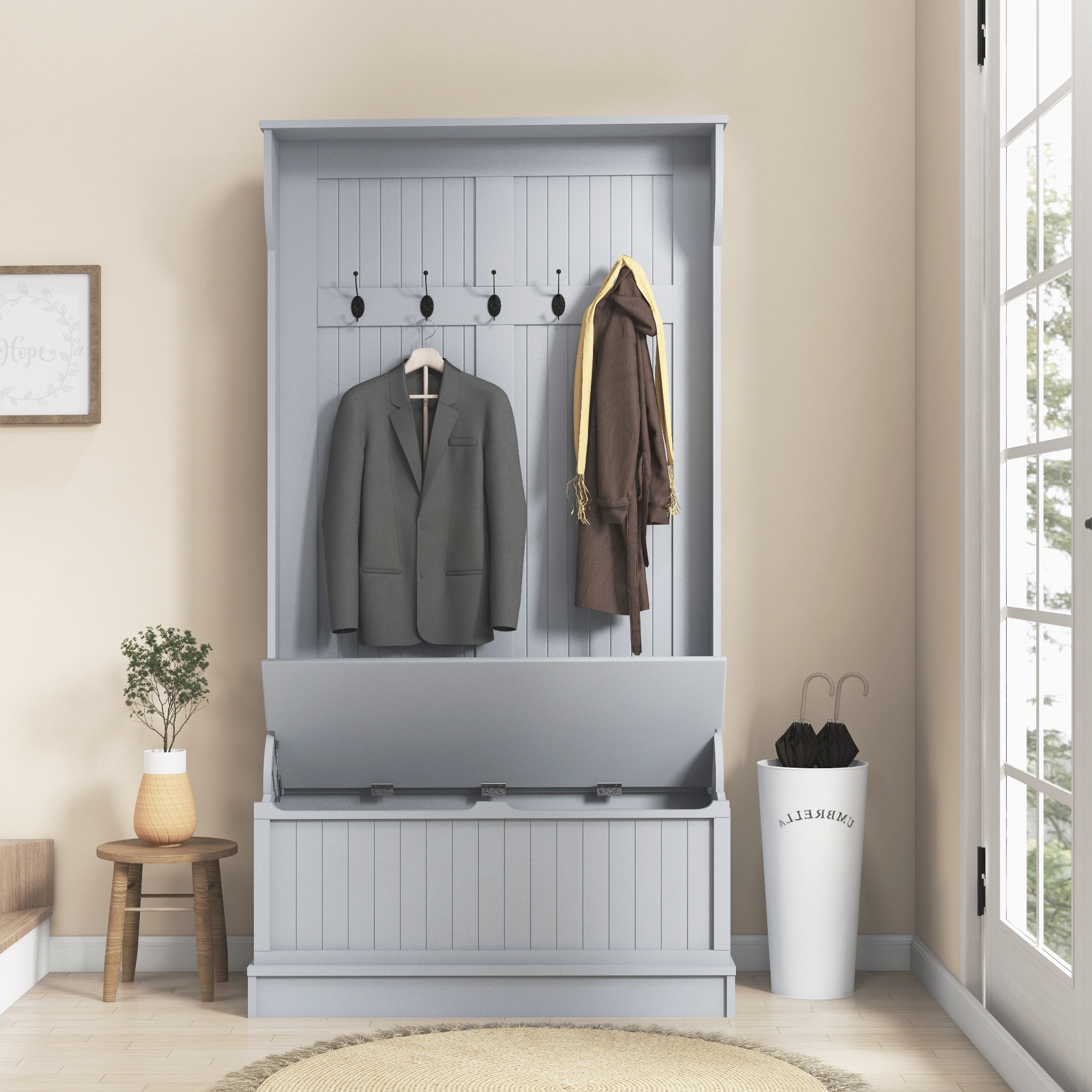 Hall Tree Entryway Bench with Shoes Storage & Coat Hooks Wooden Shoe Cabinet