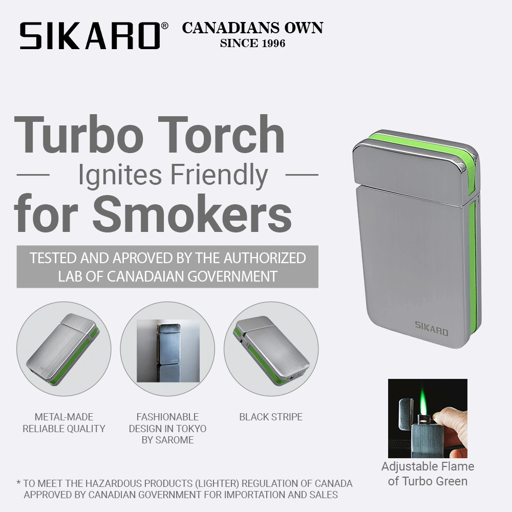 SIKARO SKY-STAR Turbo Torch Lighter Green Stripe, Refillable Windproof Jet Flame, Adjustable, for Cigar, Cigarette, Kitchen & Outdoor Use view 2