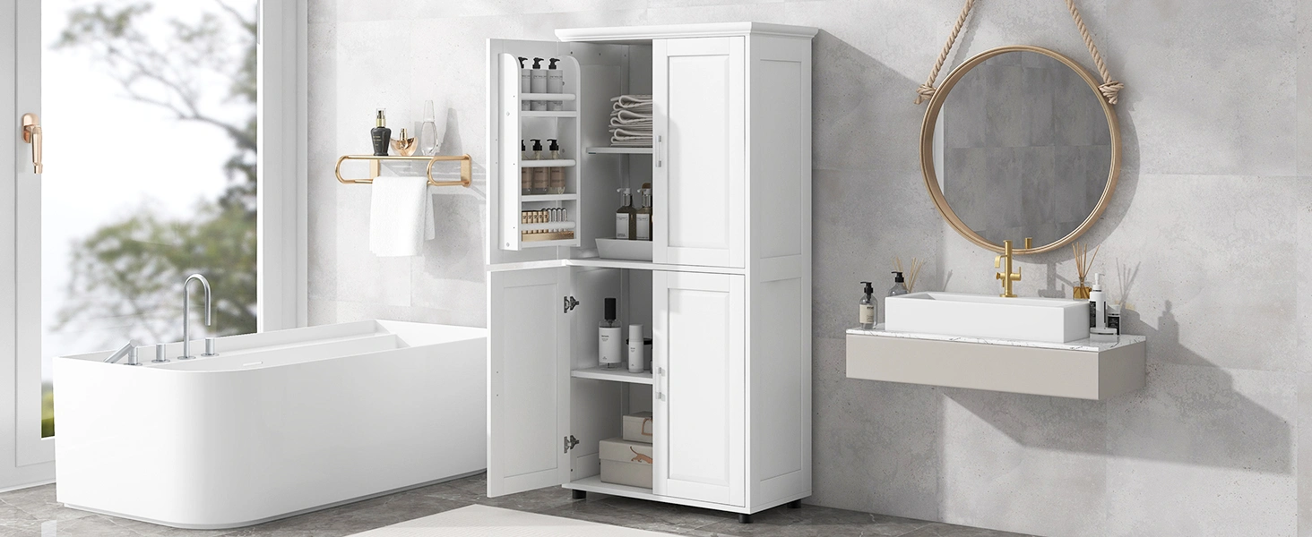 Tall and Wide Bathroom Floor Storage Cabinet, Bathroom Storage Unit, Freestanding Cabinet with 4 Doors, Adjustable Shelves, White