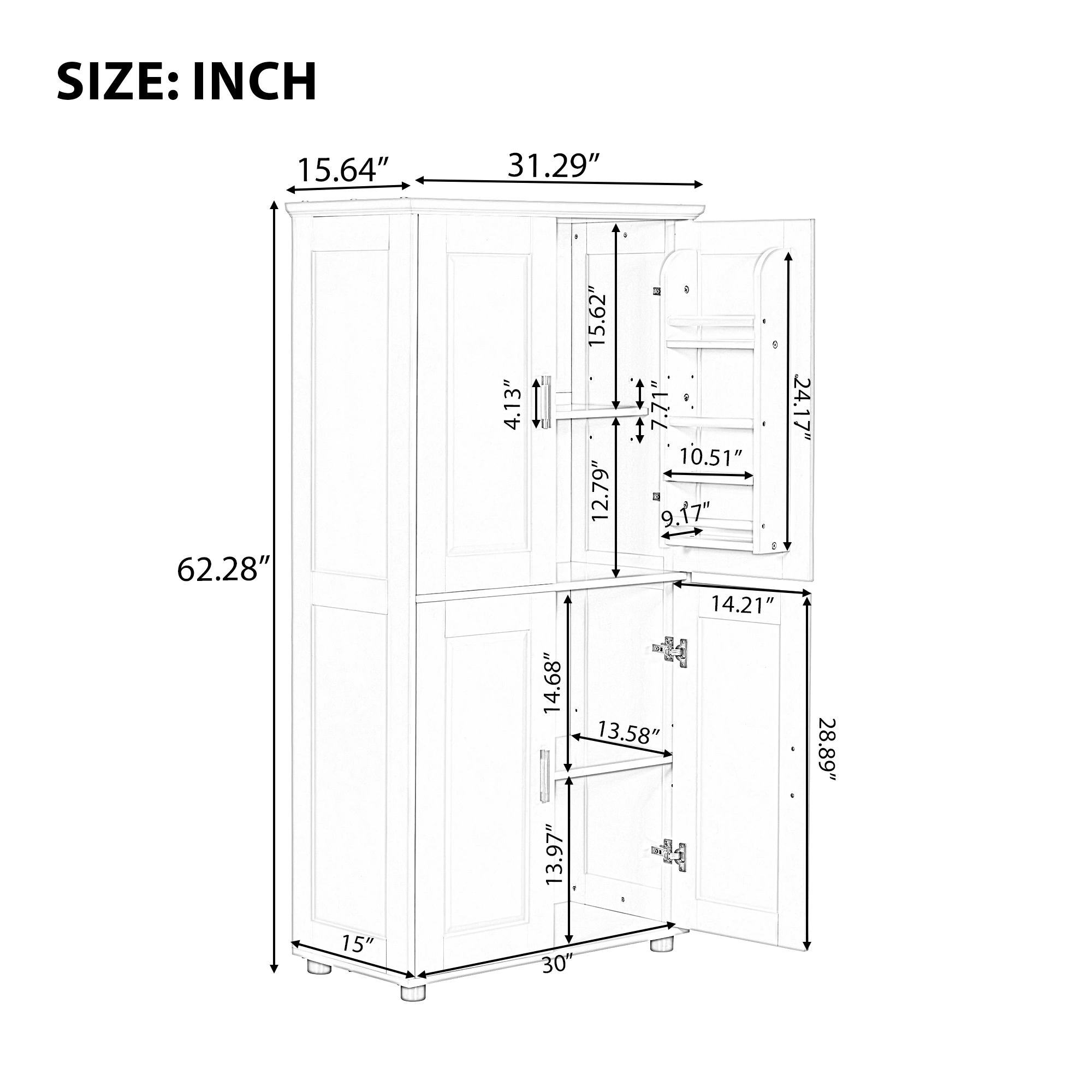 Tall and Wide Bathroom Floor Storage Cabinet, Bathroom Storage Unit, Freestanding Cabinet with 4 Doors, Adjustable Shelves, White view 13