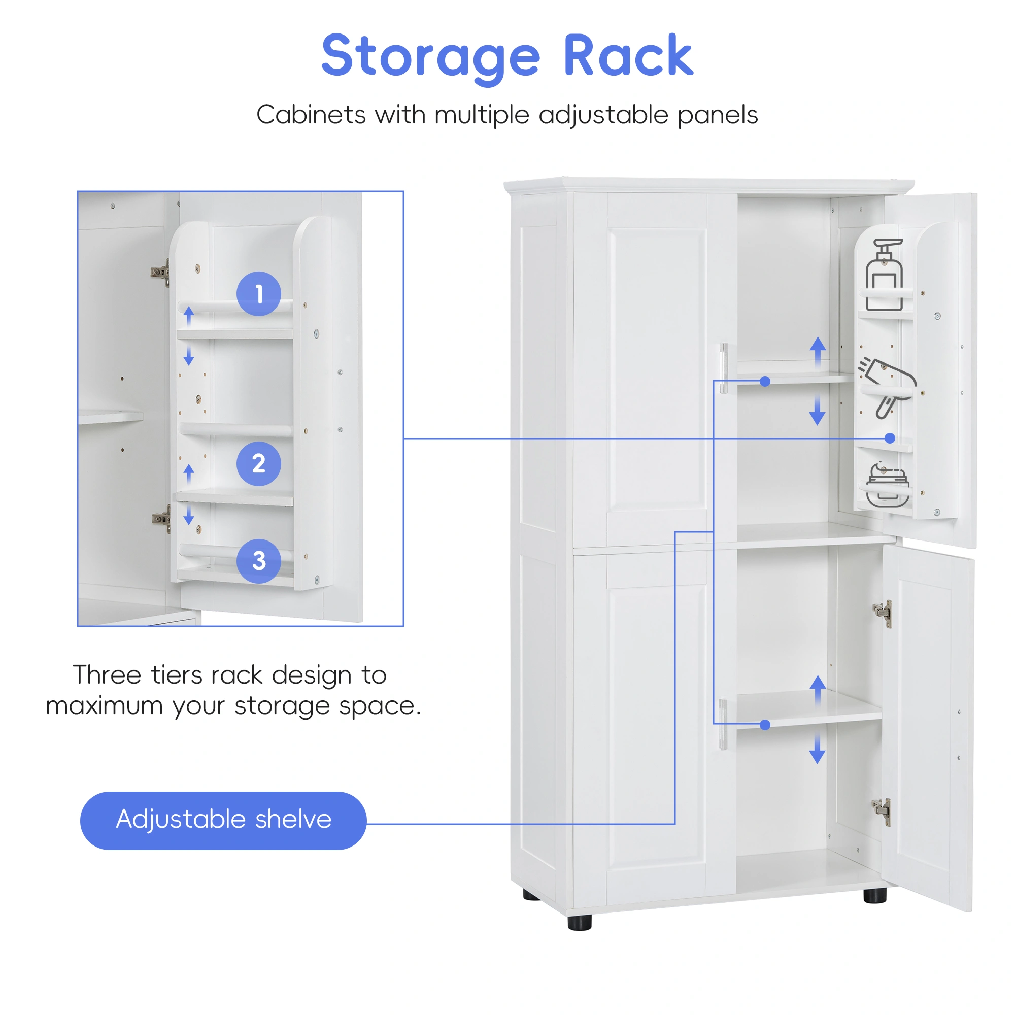Tall and Wide Bathroom Floor Storage Cabinet, Bathroom Storage Unit, Freestanding Cabinet with 4 Doors, Adjustable Shelves, White view 14