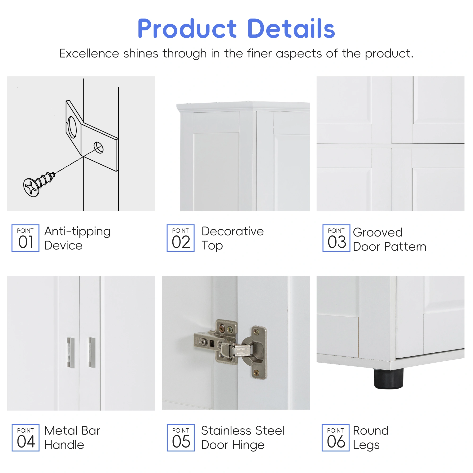 Tall and Wide Bathroom Floor Storage Cabinet, Bathroom Storage Unit, Freestanding Cabinet with 4 Doors, Adjustable Shelves, White view 15