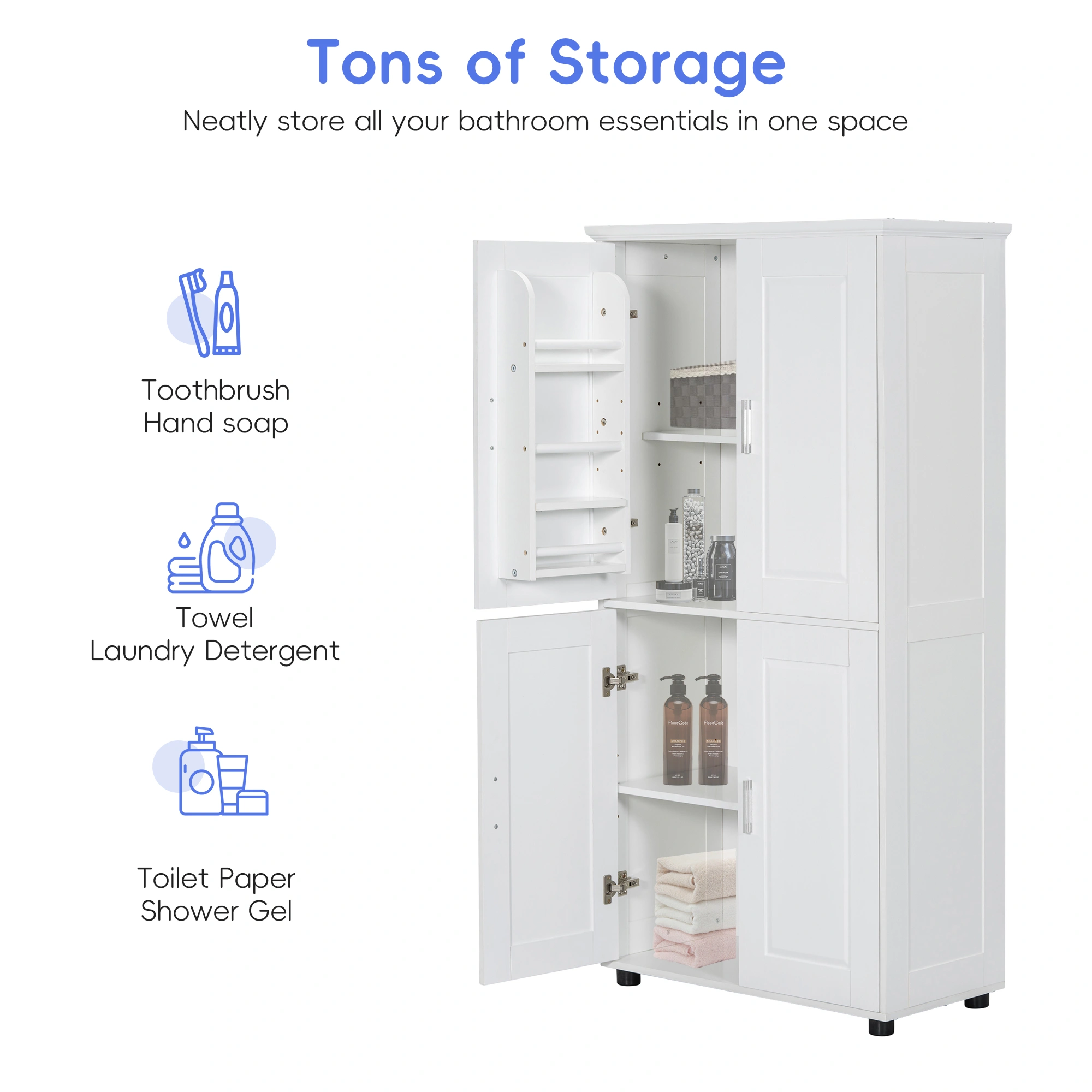 Tall and Wide Bathroom Floor Storage Cabinet, Bathroom Storage Unit, Freestanding Cabinet with 4 Doors, Adjustable Shelves, White view 16
