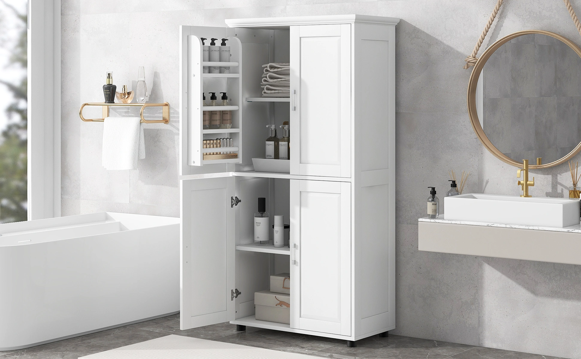 Tall and Wide Bathroom Floor Storage Cabinet, Bathroom Storage Unit, Freestanding Cabinet with 4 Doors, Adjustable Shelves, White view 18