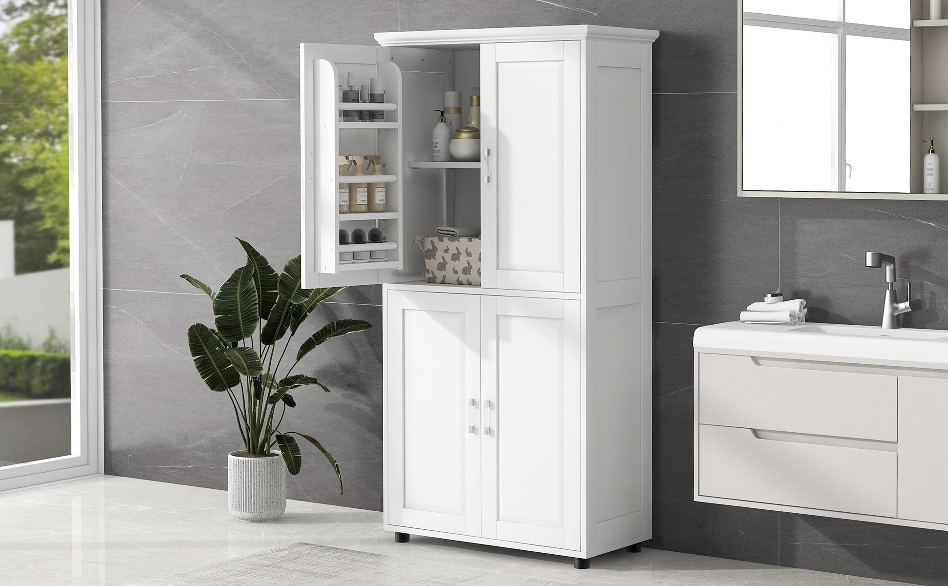 Tall and Wide Bathroom Floor Storage Cabinet, Bathroom Storage Unit, Freestanding Cabinet with 4 Doors, Adjustable Shelves, White view 19