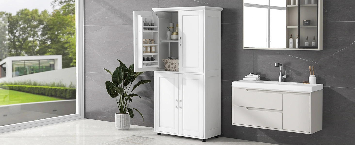 Tall and Wide Bathroom Floor Storage Cabinet, Bathroom Storage Unit, Freestanding Cabinet with 4 Doors, Adjustable Shelves, White view 2