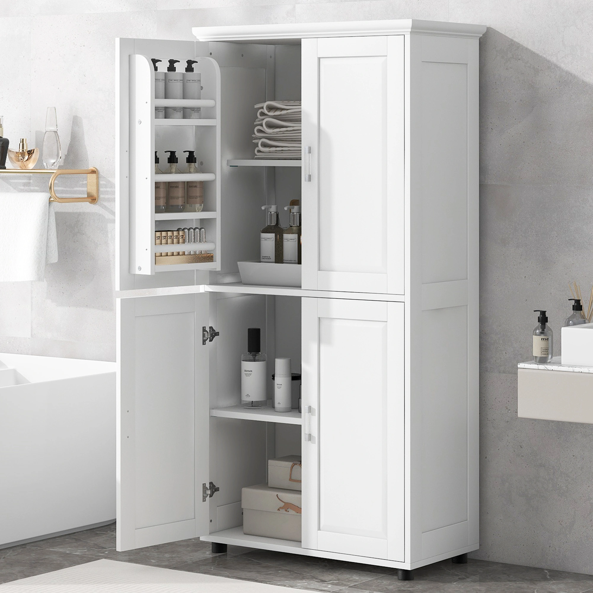 Tall and Wide Bathroom Floor Storage Cabinet, Bathroom Storage Unit, Freestanding Cabinet with 4 Doors, Adjustable Shelves, White view 20