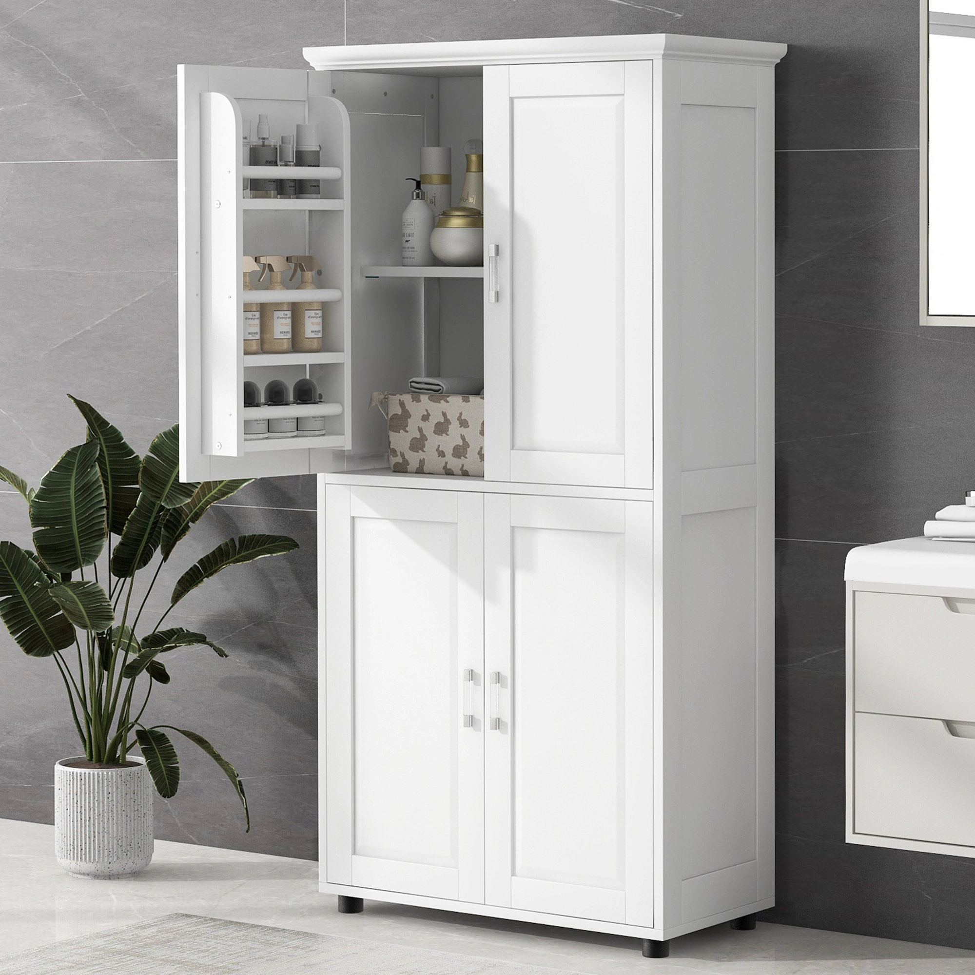 Tall and Wide Bathroom Floor Storage Cabinet, Bathroom Storage Unit, Freestanding Cabinet with 4 Doors, Adjustable Shelves, White view 21