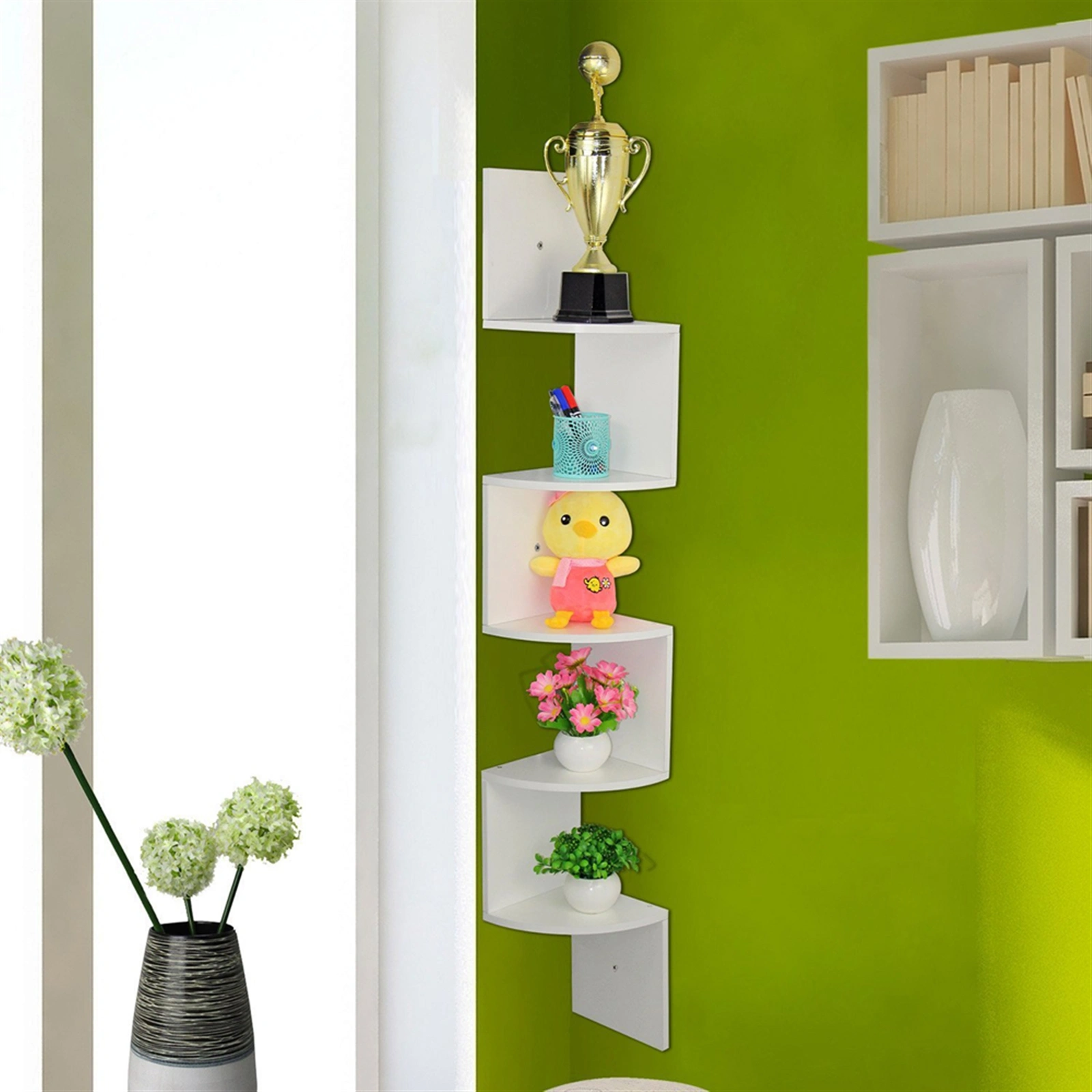 5 Tier Corner Wall Shelf Zig Zag Wooden Floating Shelves Wall Mount Rack White Home Storage Display view 2
