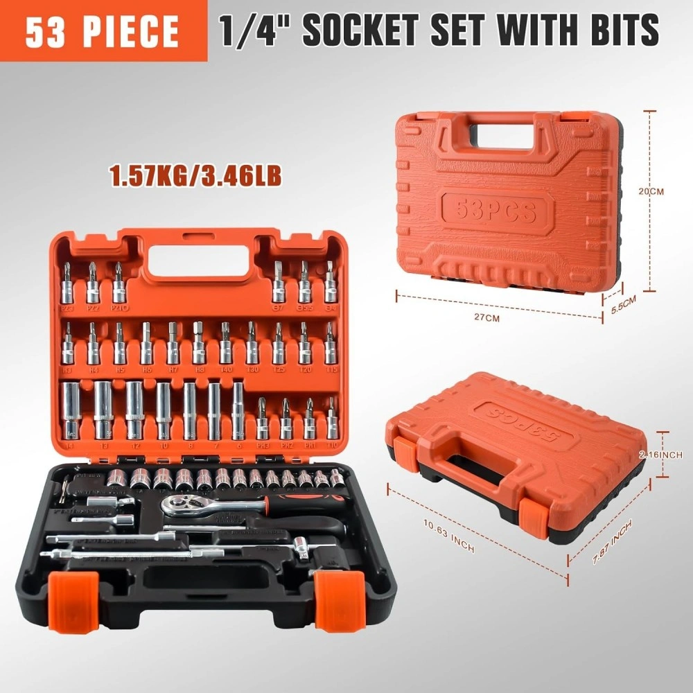 53 Piece 1/4 Inch Drive Socket Set with Ratchet Wrench, Impact Bit Socket & Storage Case Tool Kit