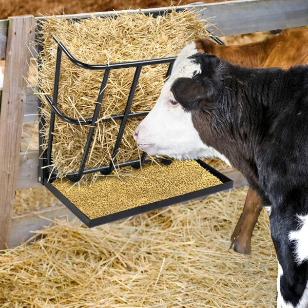Large Capacity Hay Feeder with Detachable Grain Tray, Heavy Duty Steel 2 in 1 Hay Rack, Multiple Sided Goat Feeding Rack for Sheep Farm Livestock Indoor Outdoor, Black view 3