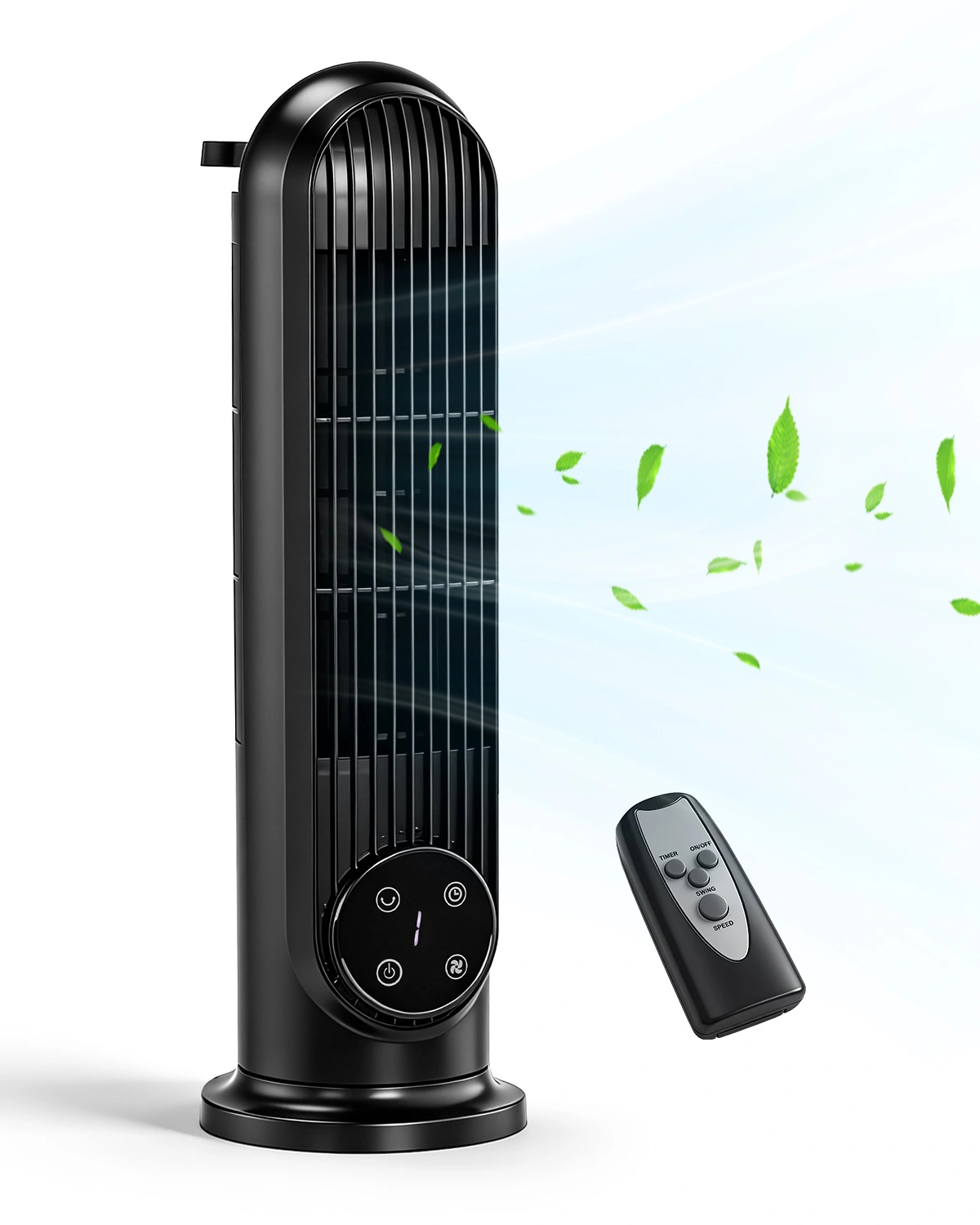 US Standard RTW-CR Tower Fan, 110V, 25W, 16 Inch Mini Column Tower Fan, Touch Control with Remote, Plastic Body, Copper Motor, Black, 3 Speed, Oscillating, 9-Hour Timer, Floor & Wall Mount for Home Use