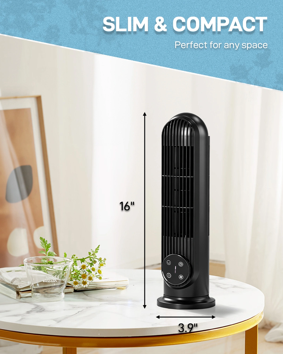US Standard RTW-CR Tower Fan, 110V, 25W, 16 Inch Mini Column Tower Fan, Touch Control with Remote, Plastic Body, Copper Motor, Black, 3 Speed, Oscillating, 9-Hour Timer, Floor & Wall Mount for Home Use view 5