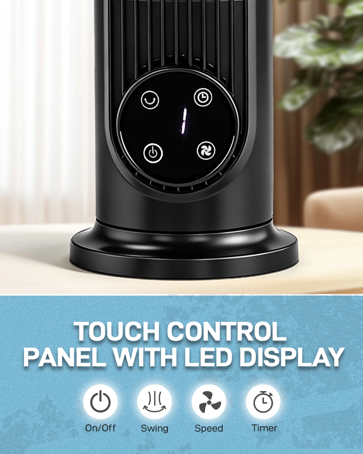 US Standard RTW-CR Tower Fan, 110V, 25W, 16 Inch Mini Column Tower Fan, Touch Control with Remote, Plastic Body, Copper Motor, Black, 3 Speed, Oscillating, 9-Hour Timer, Floor & Wall Mount for Home Use view 7