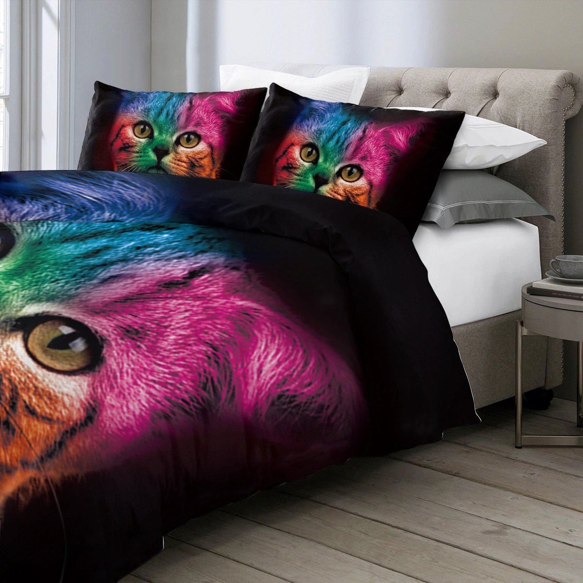 Bold Color Black Cat Pattern Duvet Cover Set 3 Piece Kids Quilt Cover Bedspread Single Bed Cute Colorful Animal Bedding for Girls Boys view 2