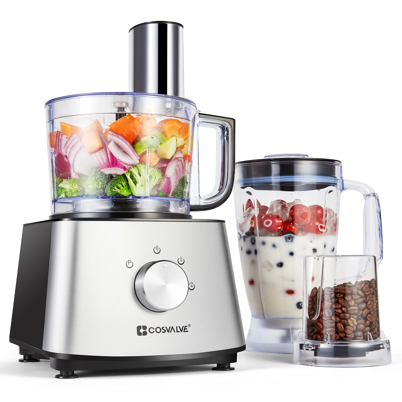 9-in-1 Variable Speed Food Processor, Silver Multi-Function Kitchen Blender Chopper Mincer with Adjustable Speed Control