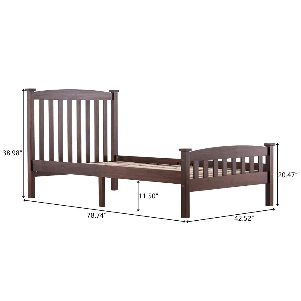 Twin Pine Bed Frame with Curved Headboard Footboard, Painted Wood Bed with Vertical Stripes, Coffee Brown, 78.94"x42.52"x38.98" view 4