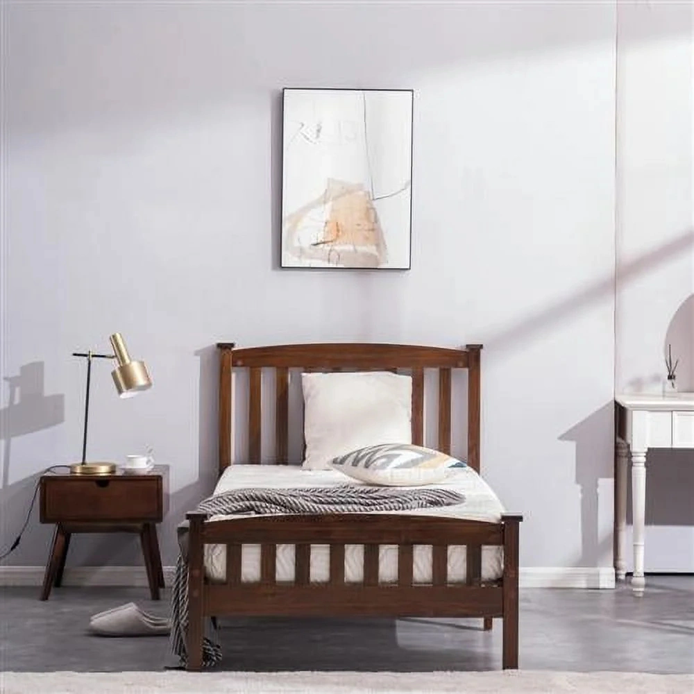 Twin Pine Bed Frame with Curved Headboard Footboard, Painted Wood Bed with Vertical Stripes, Coffee Brown, 78.94"x42.52"x38.98" view 9