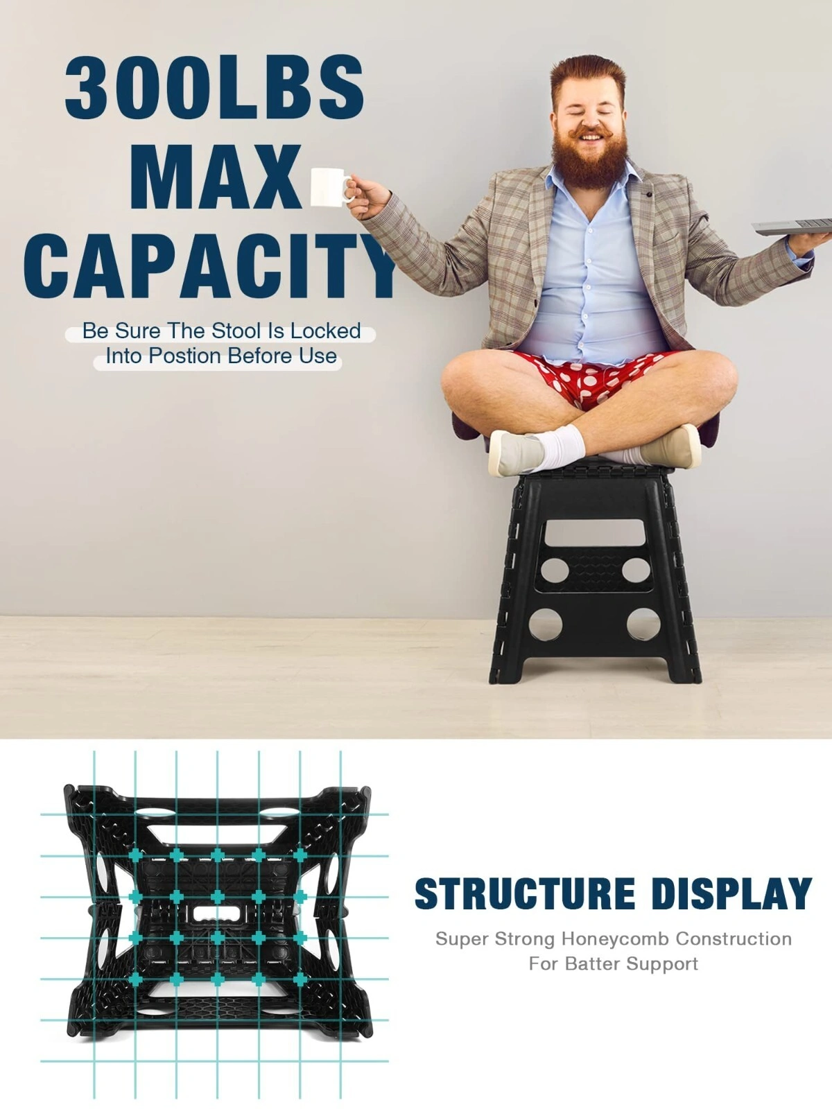 Heavy Duty 150KG Folding Step Stool, Large Capacity Multi-Purpose Step Ladder, Non-Slip Foldable Stool for Home Kitchen Gardening view 2