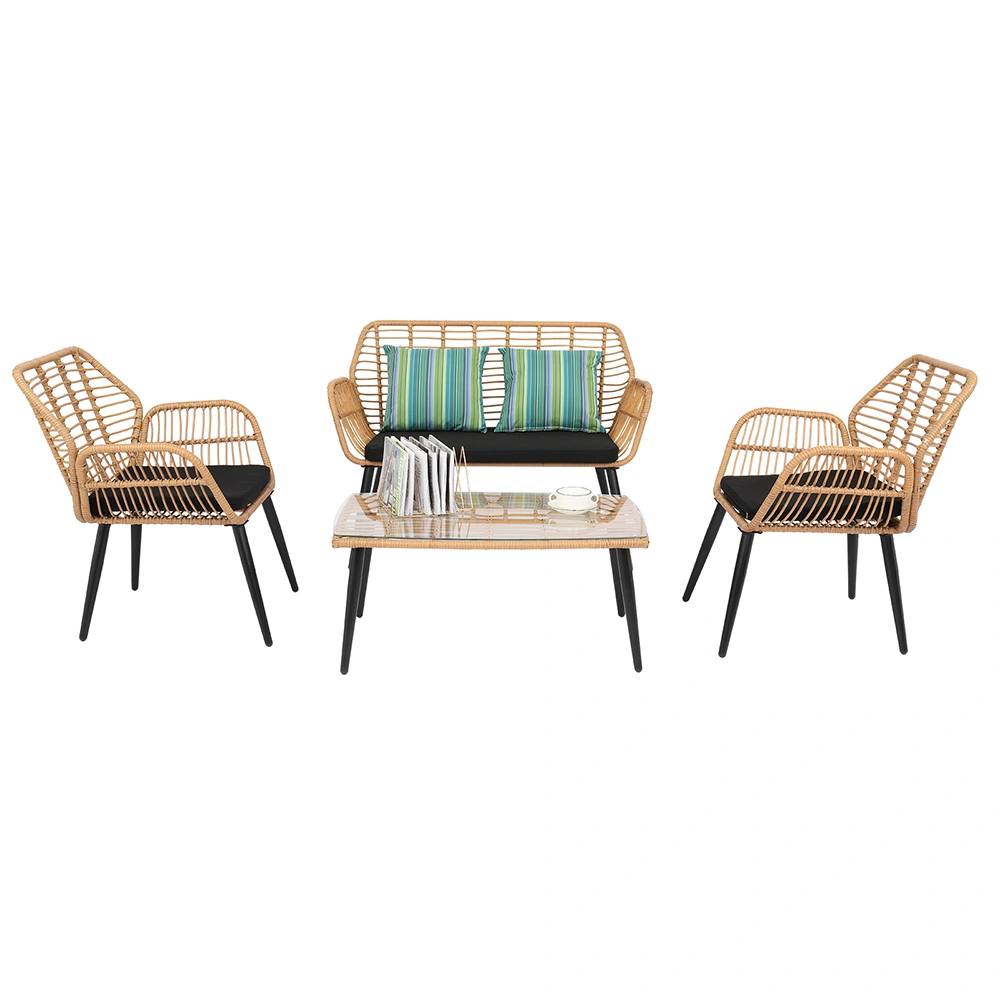 Yellow 4-Piece Outdoor PE Wicker Rattan Patio Furniture Set with Steel Frame view 3