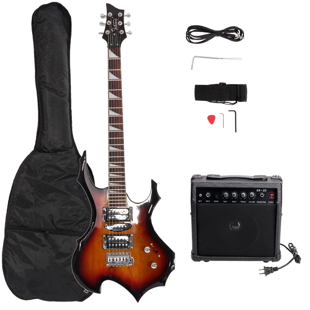 Flame Shaped Electric Guitar 20W HSH Pickup, Beginner Guitar Set with Bag Strap Picks Cable Wrench Tool - Sunset view 2