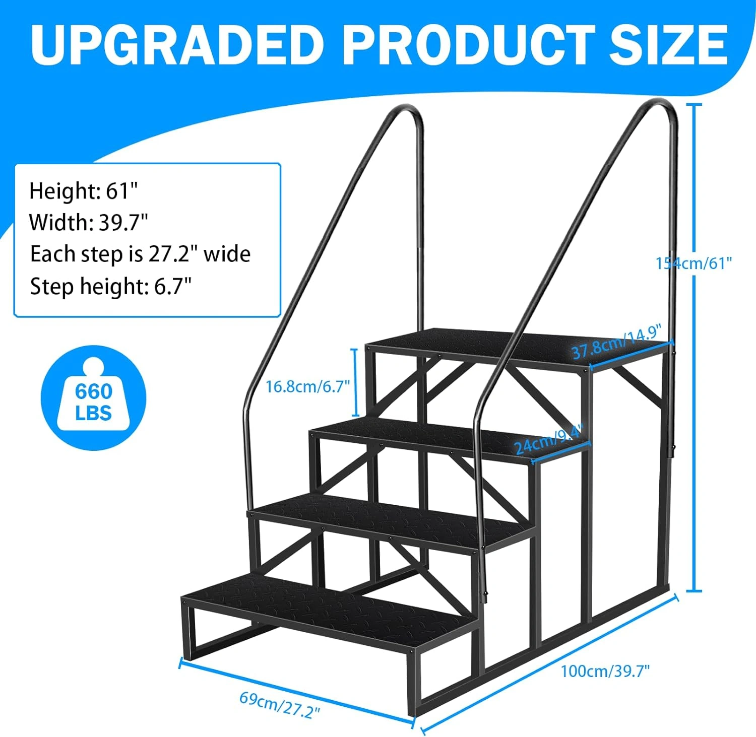 4-Step Ladder with 2 Handles, RV Step Stool, Pool Ladder, Pet Stairs, Steel Outdoor Step Ladder, Max 300kg for Spa, Mobile Home view 2